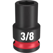 Black impact socket with 3/8" size marking and red impact ring, hexagonal opening at top.