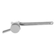 Satin nickel toilet tank trip lever with round handle and long arm for front-mount installation.