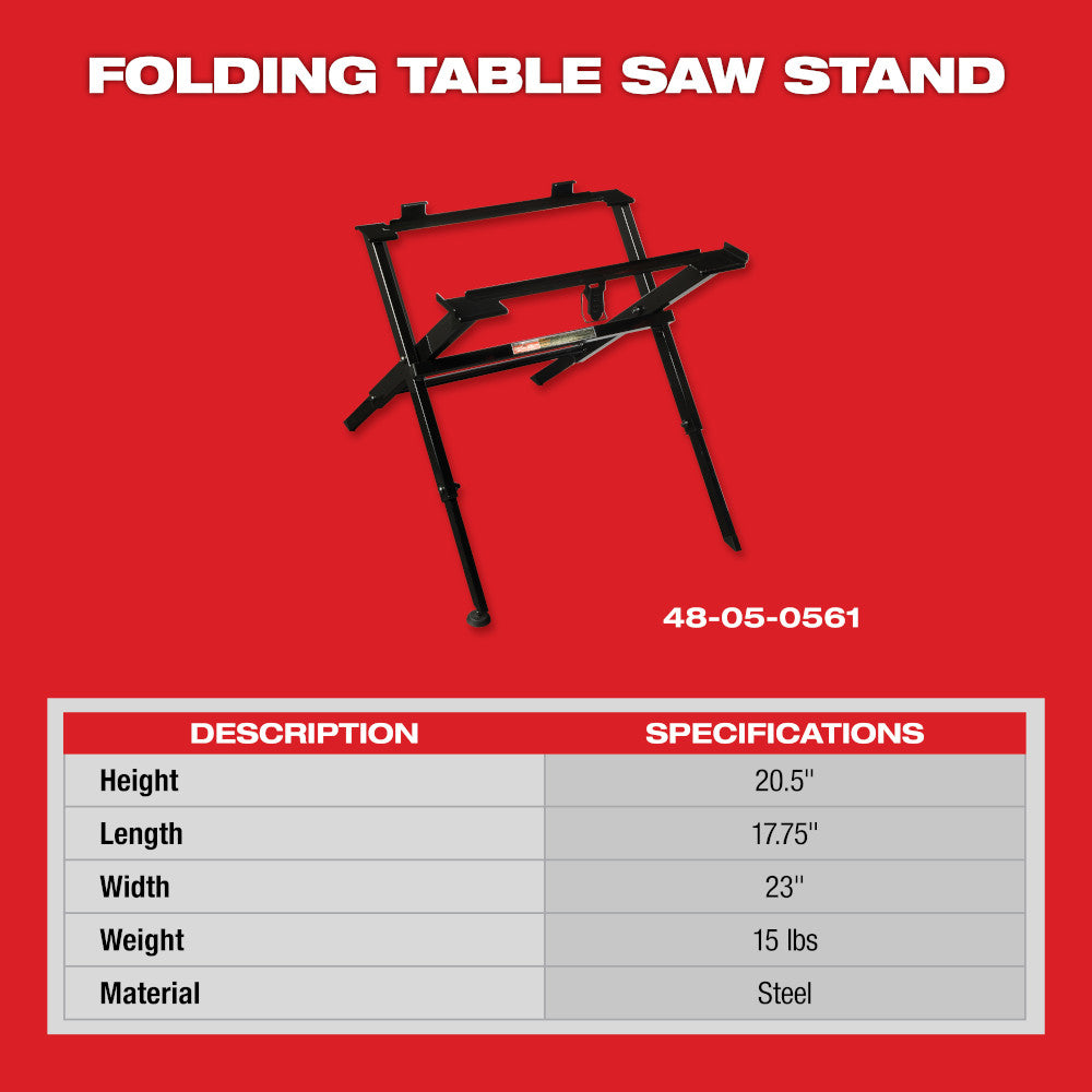 Black folding metal table saw stand with four legs and cross-bracing on red background.