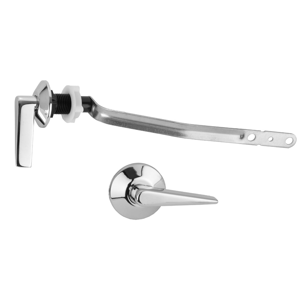 Caramel bronze toilet tank trip lever with metal arm, connector hardware, and chrome mounting escutcheon.