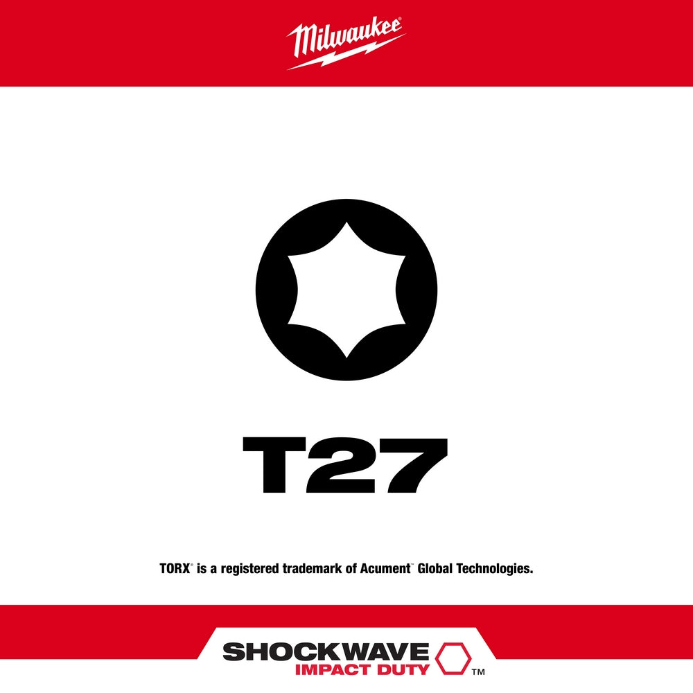 Milwaukee Shockwave T27 Torx power bit with six-point star drive head displayed on white background with Milwaukee logo and S