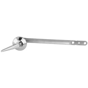 Chrome toilet tank trip lever with conical handle and mounting holes at the end.