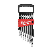Seven metric flex head ratcheting combination wrenches with black handles in red Milwaukee carrying case.