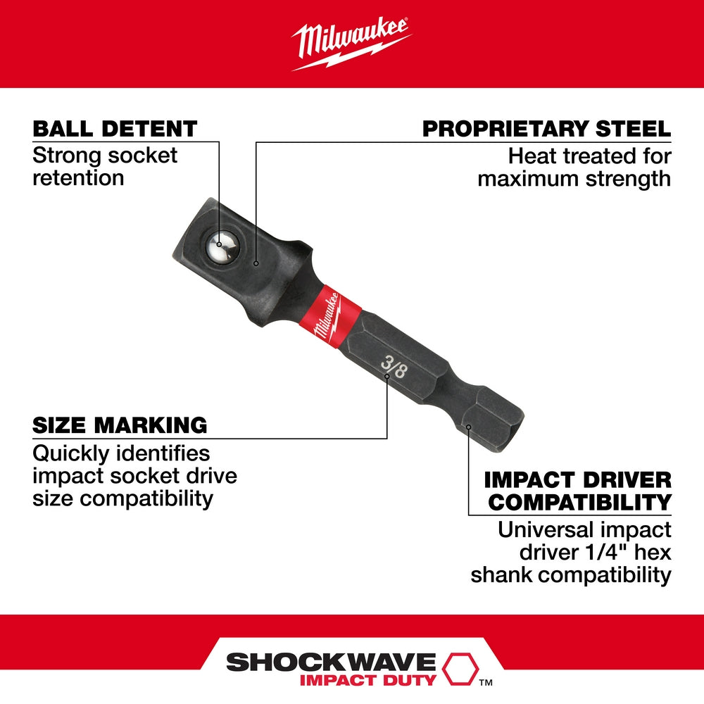 Black hex shank socket adapter with red band and ball detent, labeled 3/8, featuring size marking and heat-treated steel cons