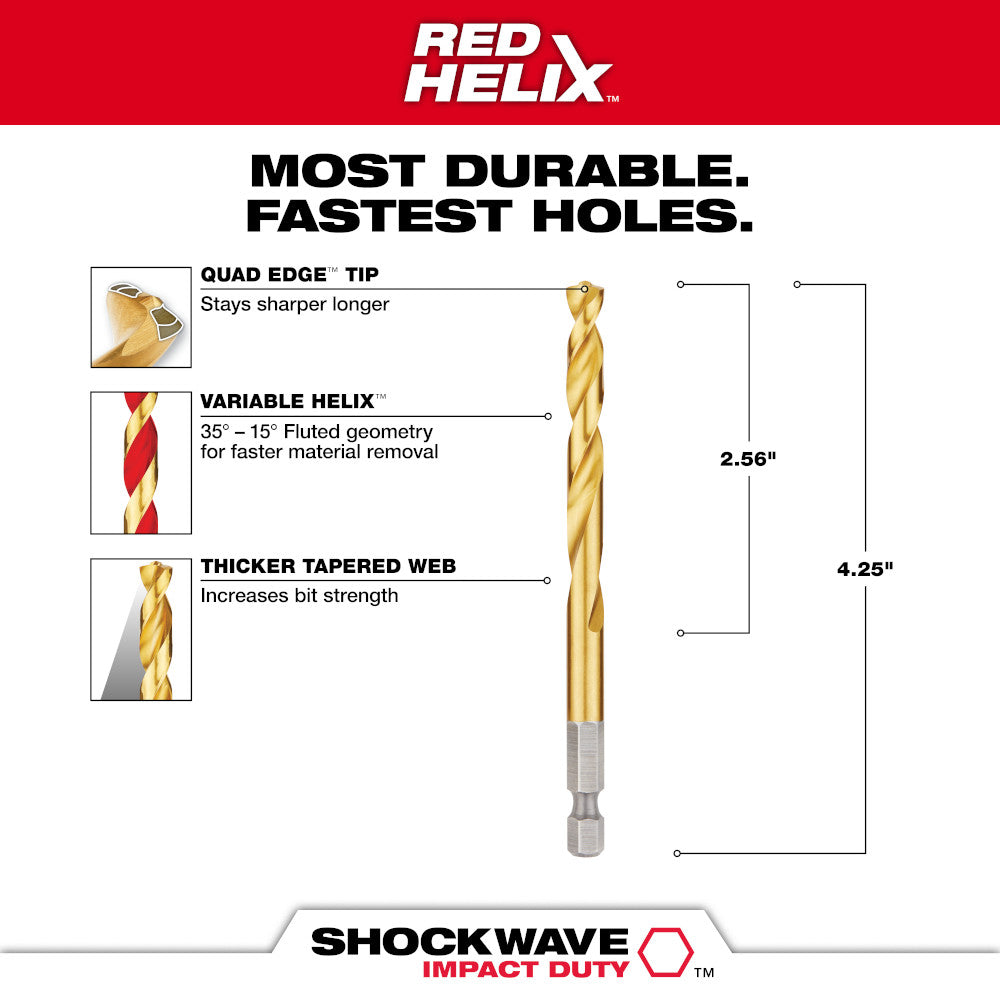 Gold titanium drill bit with hex shank, featuring variable helix flutes and tapered web design, 4.25 inches long overall.