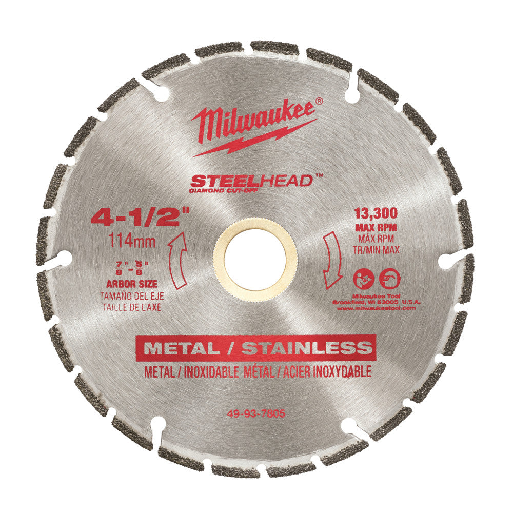Milwaukee STEELHEAD 4-1/2 inch diamond cut-off blade with segmented rim for metal and stainless steel cutting.
