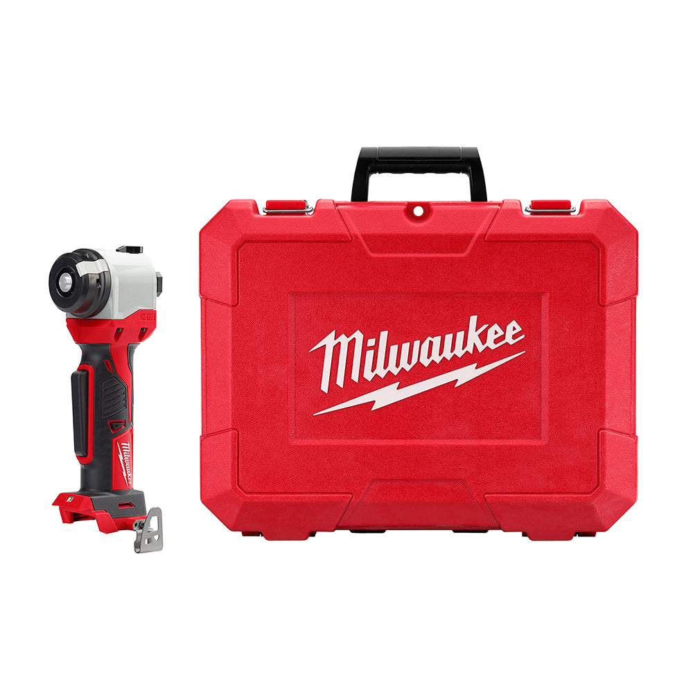 Milwaukee M18 cable stripper with red and black handle next to red carrying case with black handle.