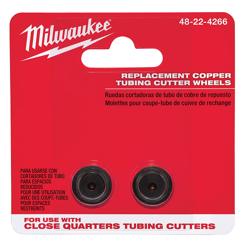 Two black circular replacement copper tubing cutter wheels on red Milwaukee packaging card.