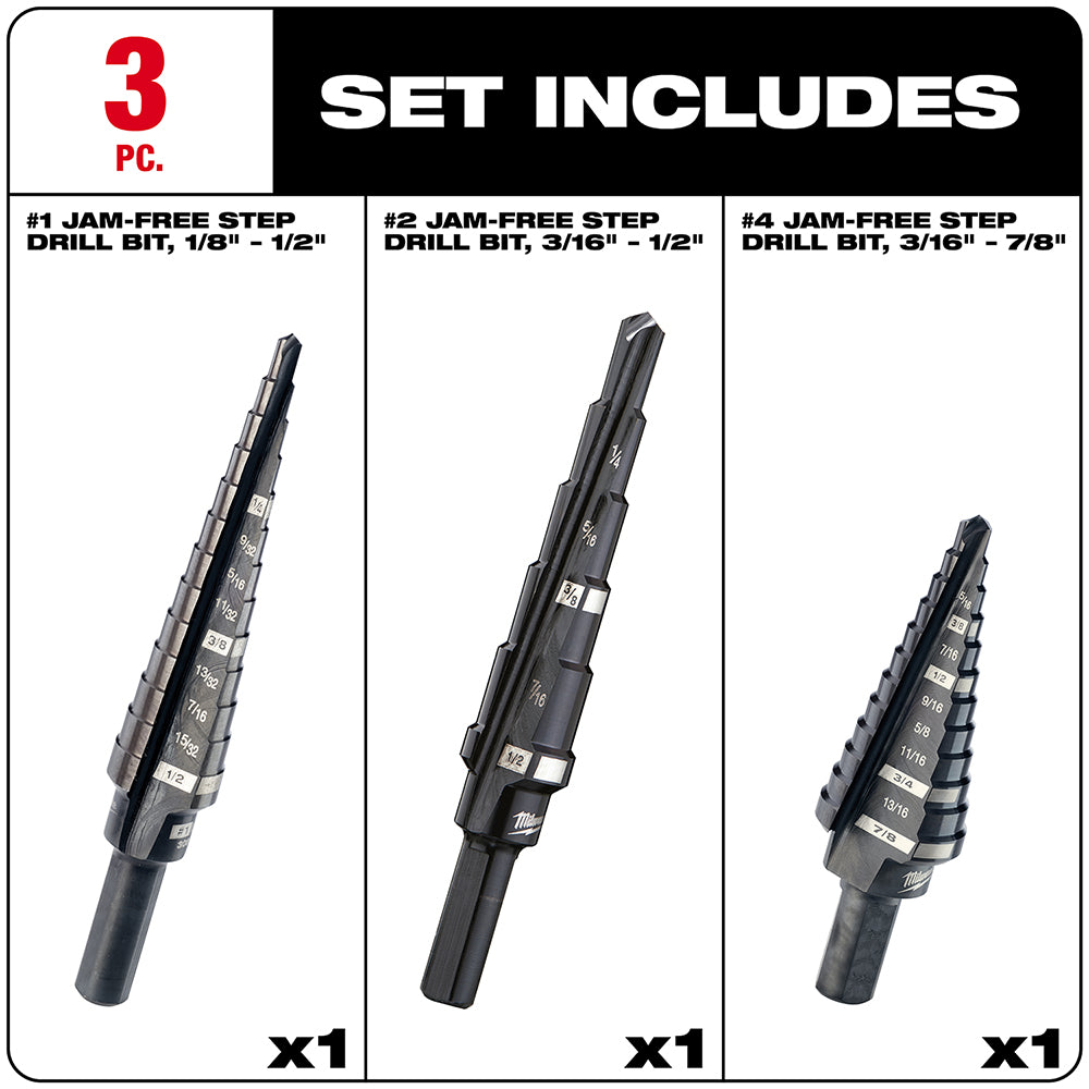 Three black step drill bits with labeled size ranges displayed vertically in individual sections.