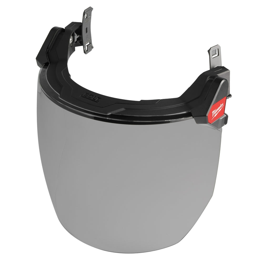 Gray full face shield with black mounting bracket and adjustment tabs for helmet attachment.