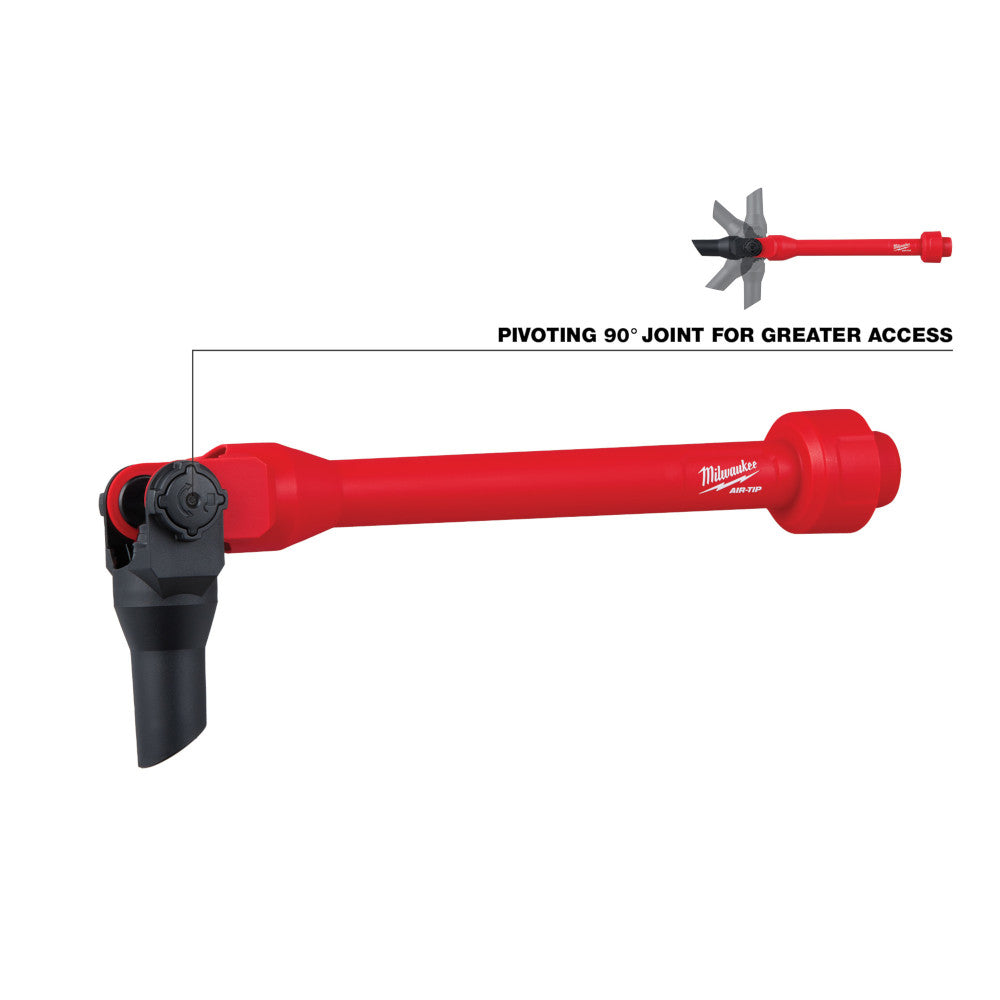Red extension wand with black pivoting joint connector and gray fan-shaped tip attachment.