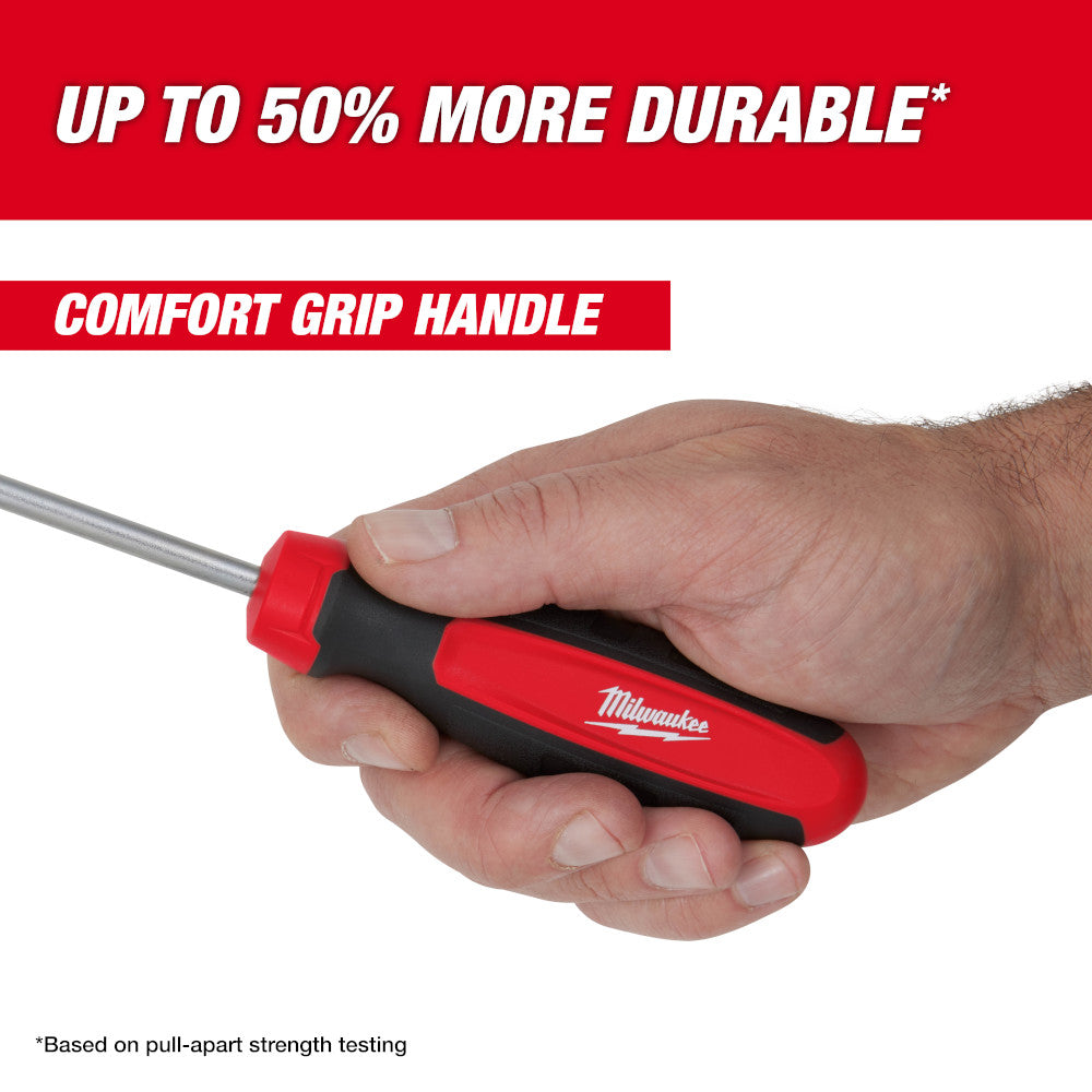 Milwaukee hose pick with red and black comfort grip handle held in hand.