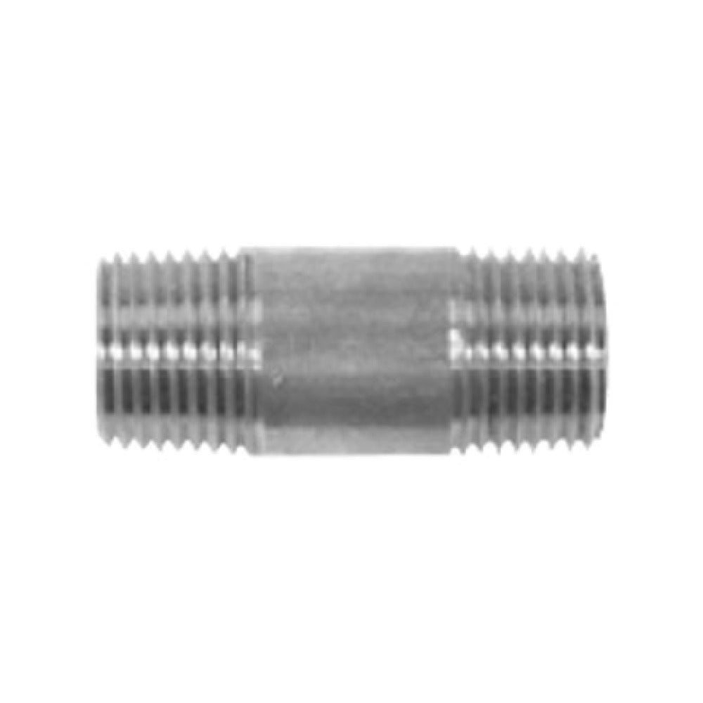 Cylindrical stainless steel flow control valve with threaded male connectors on both ends.