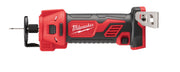 Red and black Milwaukee M18 cordless cut out tool with rotating handle and metal cutting head on white background.