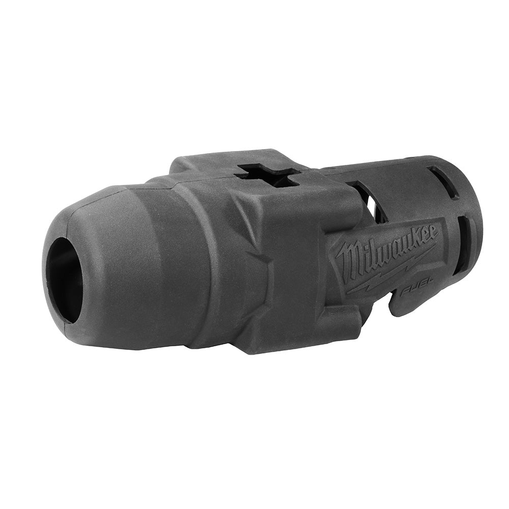 Black rubber protective boot with Milwaukee branding and ventilation slots for M18 FUEL impact wrench.