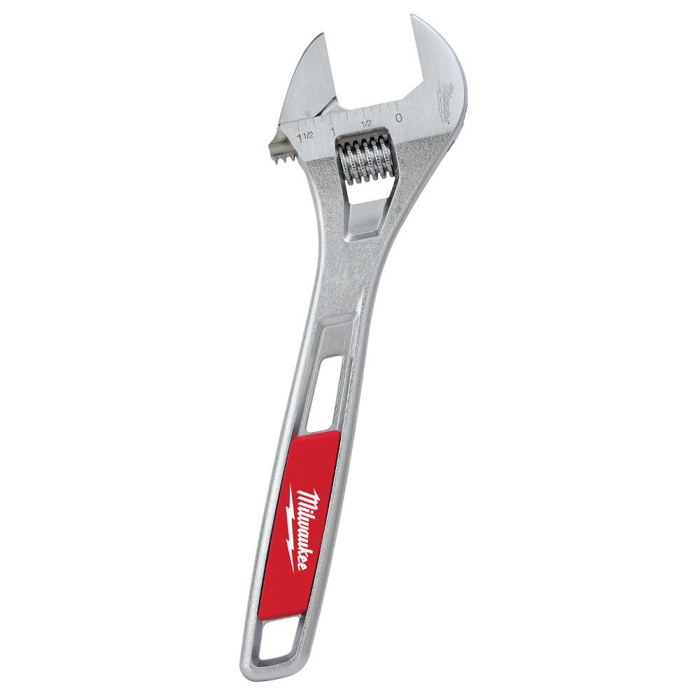 Silver adjustable wrench with red handle grip and measurement markings on the head.