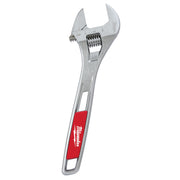 Silver adjustable wrench with red handle grip and measurement markings on the head.