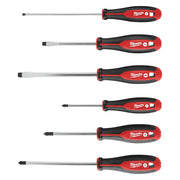Six Milwaukee screwdrivers with red and black handles, including slotted and Phillips head tips in varying sizes.