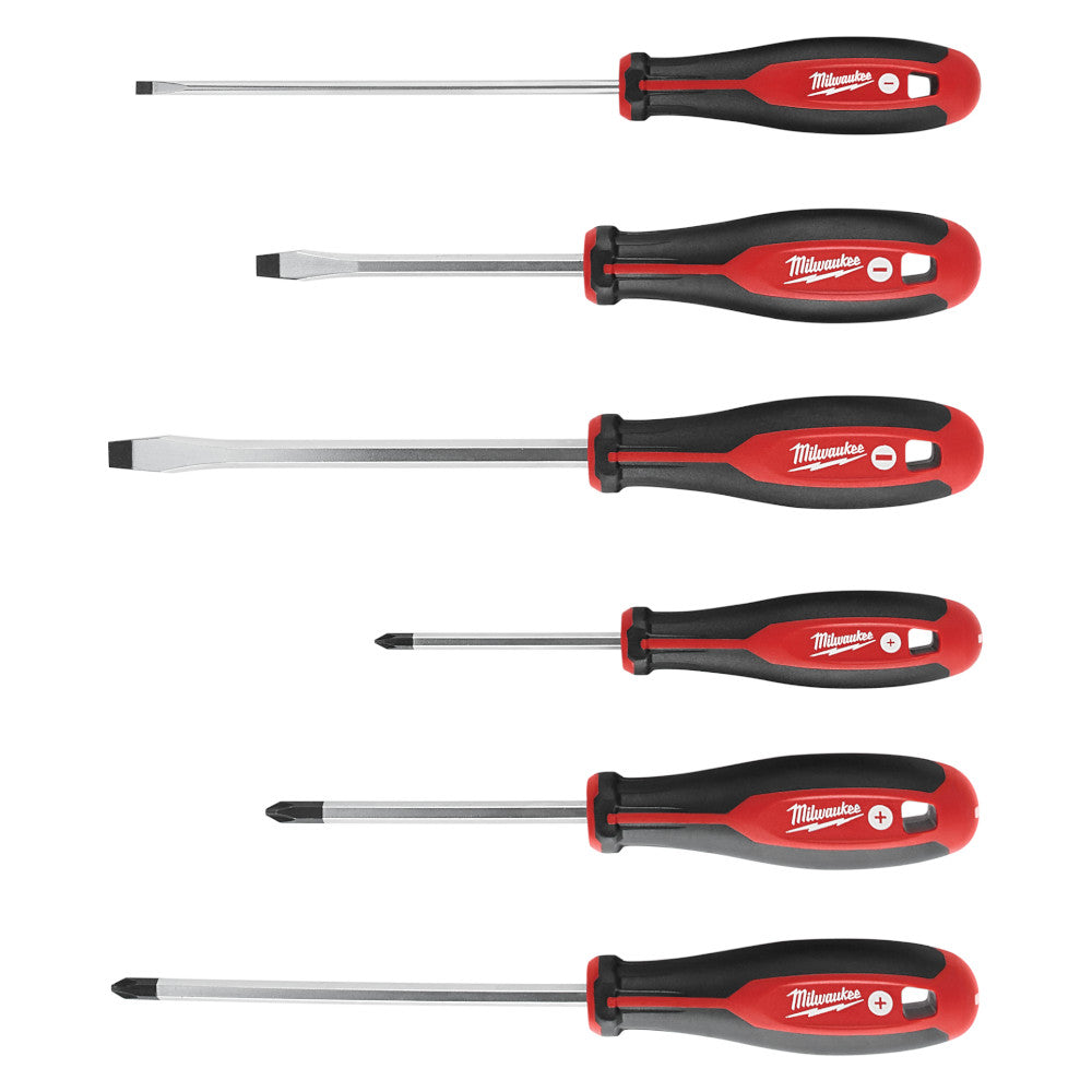 Six Milwaukee screwdrivers with red and black handles, including slotted and Phillips head tips in varying sizes.