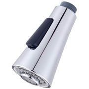 Chrome pull-down spray head with black grip handle and aerator outlet visible at the base.