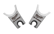 Milwaukee 49-16-WO00 W-O die with curved arms and circular center opening, shown from front and back views.