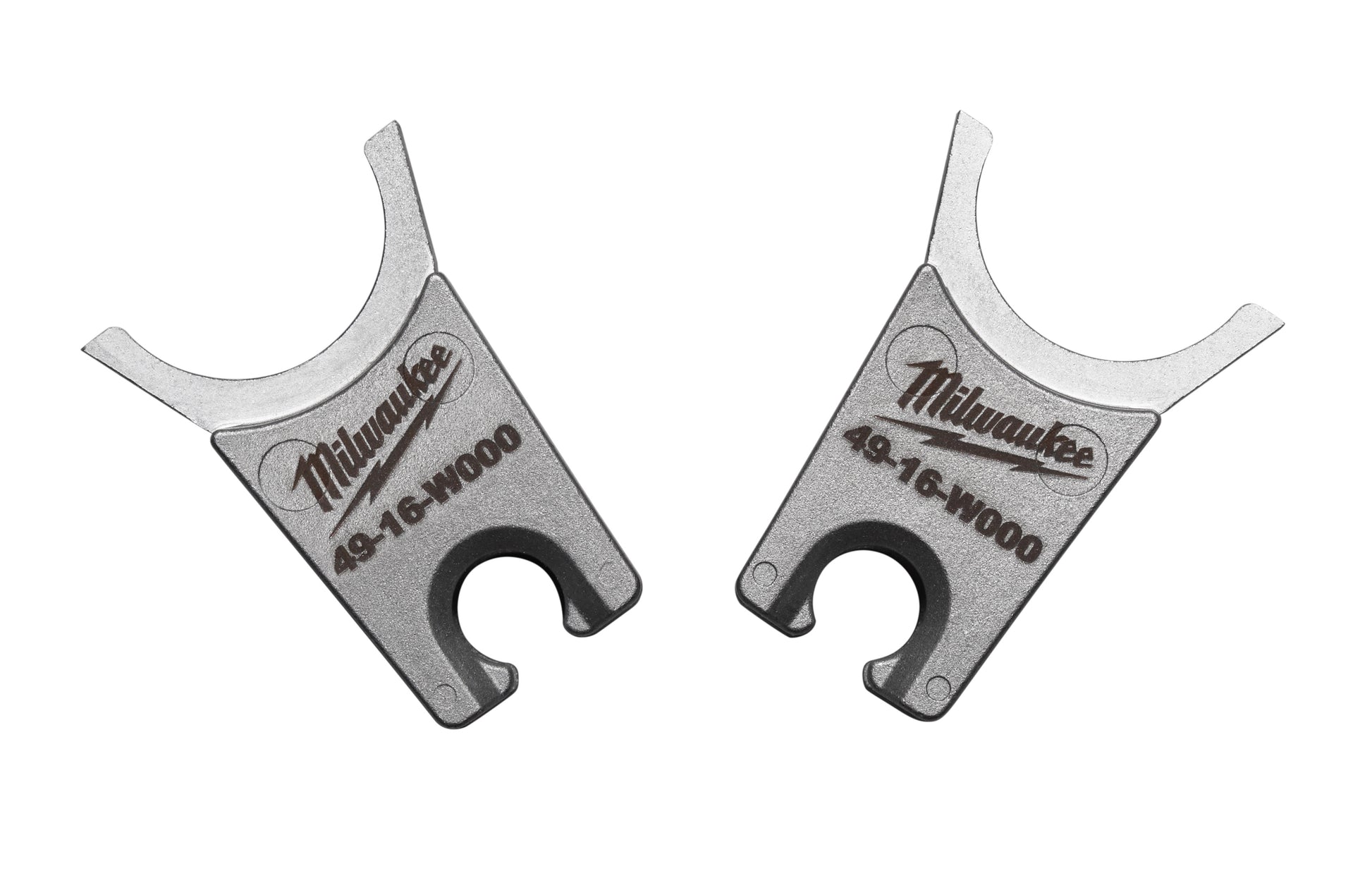 Milwaukee 49-16-WO00 W-O die with curved arms and circular center opening, shown from front and back views.