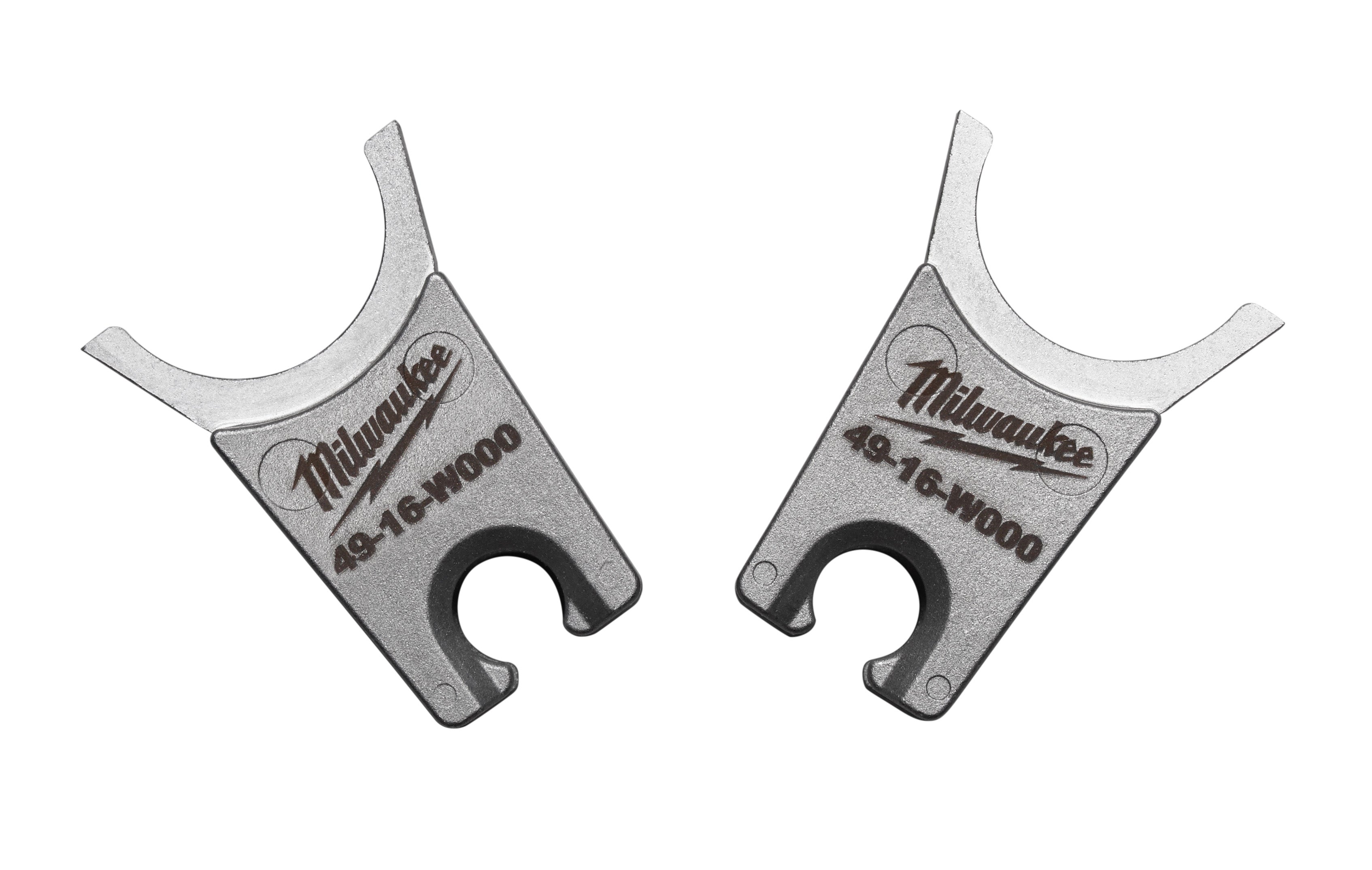 Milwaukee 49-16-WO00 W-O die with curved arms and circular center opening, shown from front and back views.
