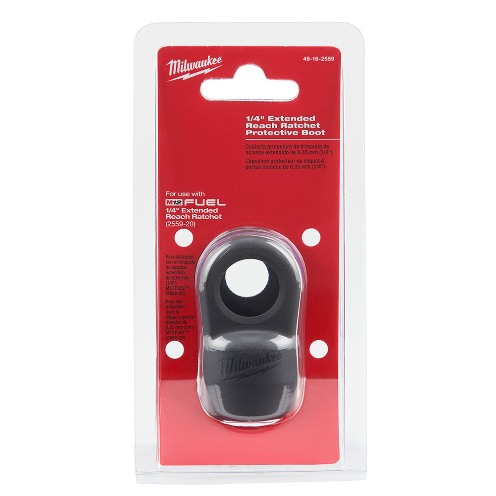Black rubber protective boot for 1/4 inch extended reach ratchet in clear plastic blister packaging.