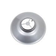 Gray metal draft hood assembly with central opening and internal baffle mechanism for water heater vent.