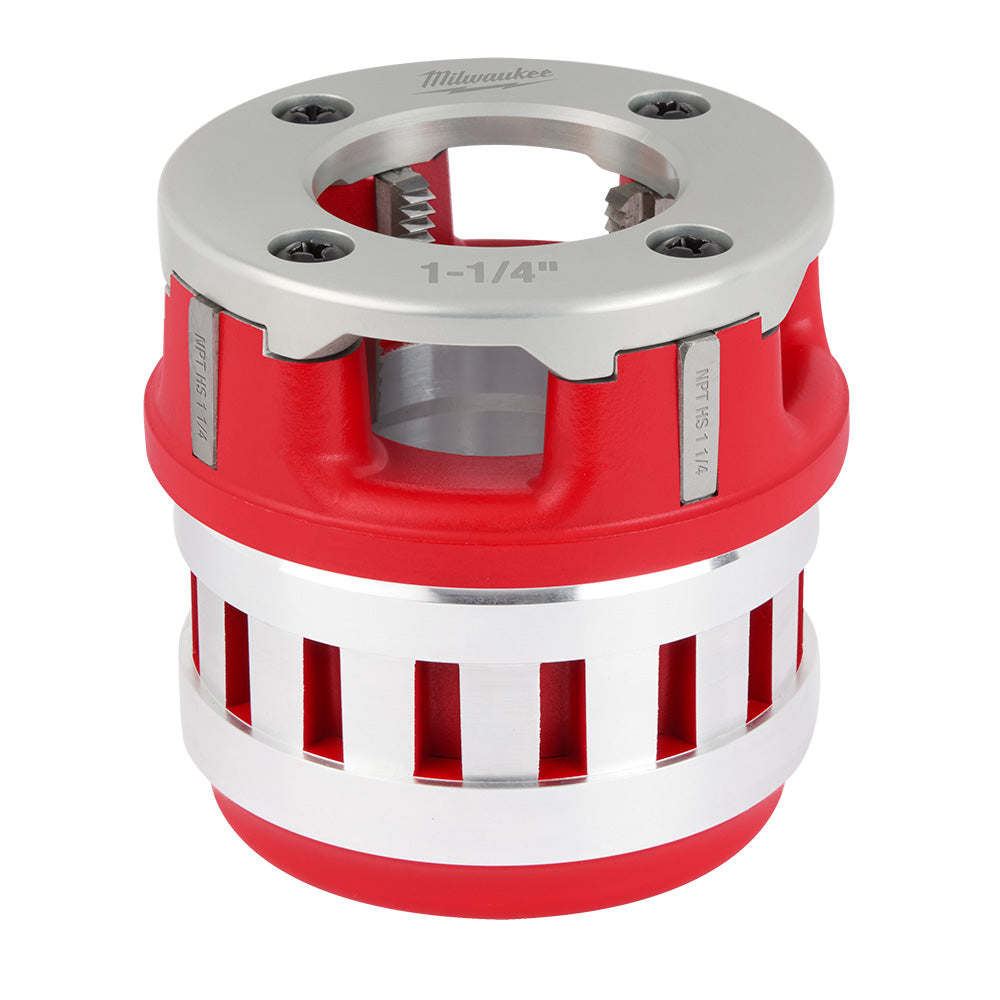 Milwaukee 1-1/4" aluminum die head with red and white housing, open center showing threading dies and internal components.