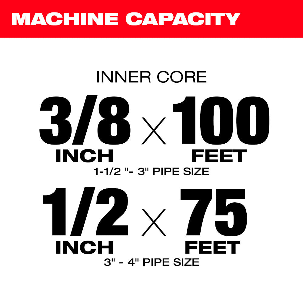 Specifications chart showing machine capacity with inner core dimensions of 3/8 by 100 feet and 1/2 by 75 feet for different 