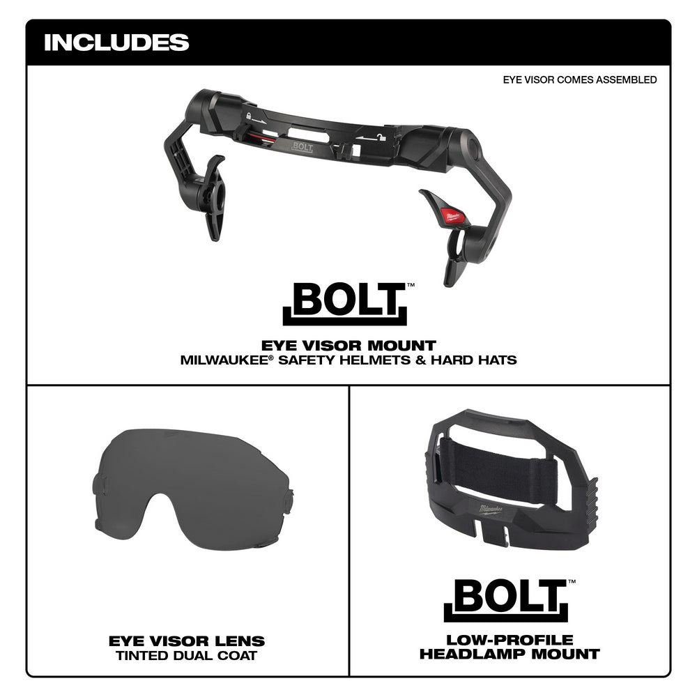 Milwaukee BOLT eye visor mount with tinted dual coat lens and low-profile headlamp mount for safety helmets.