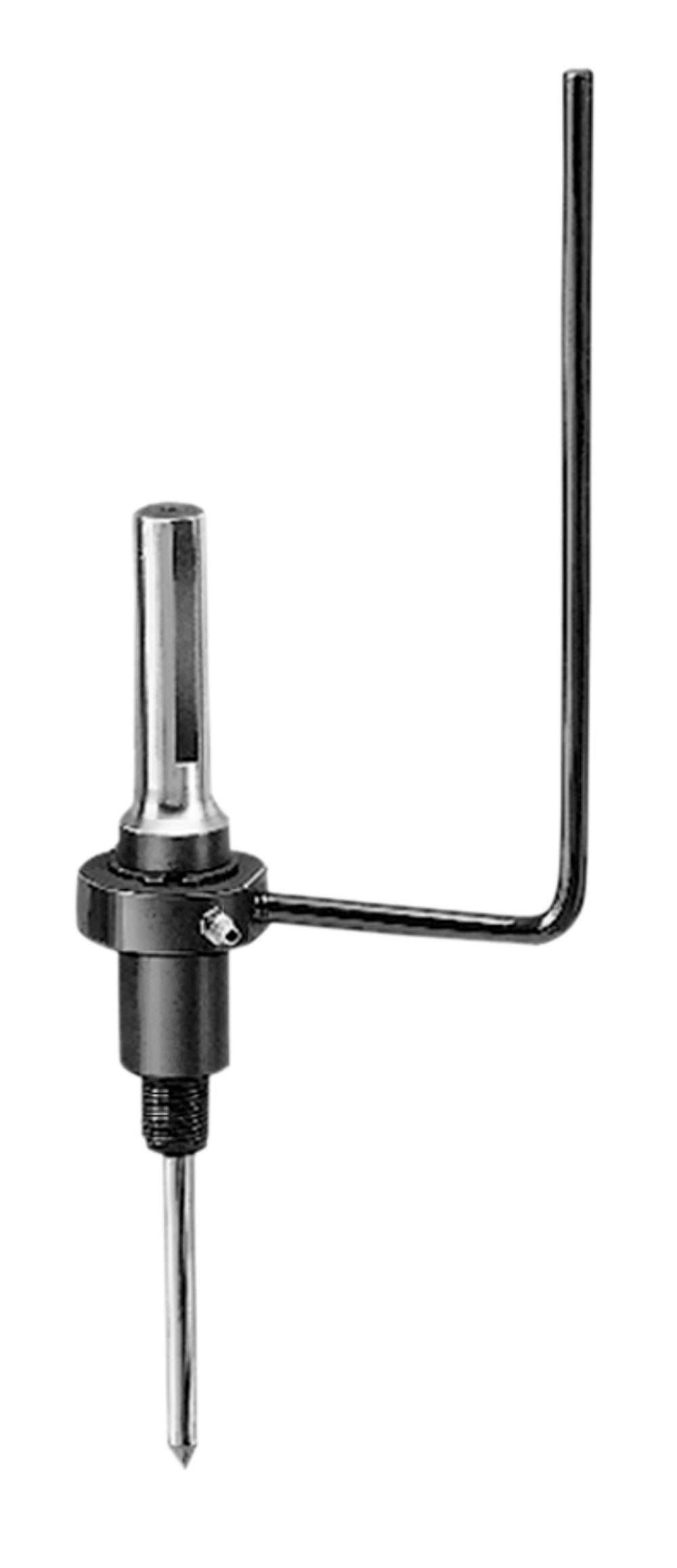 Black and silver metal arbor with tapered shaft on bottom and right-angle arm extending upward with cylindrical holder.