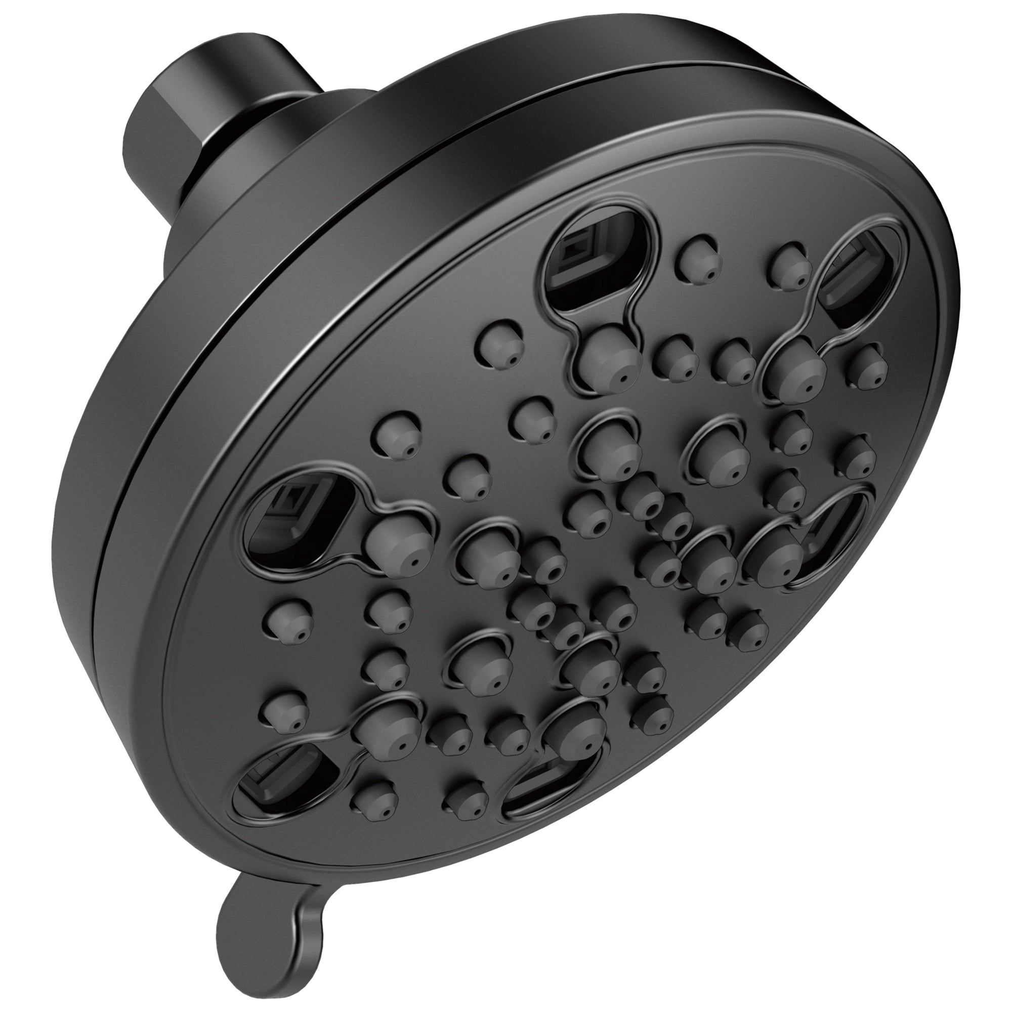 Black round shower head with multiple spray jets and adjustment settings mounted on cylindrical arm.