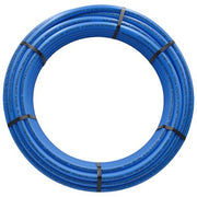 Blue polyethylene tubing coil with black straps, 5/8 inch outer diameter.