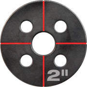 Round metal die with one central hole and four surrounding holes, marked "2 II" with red alignment lines.