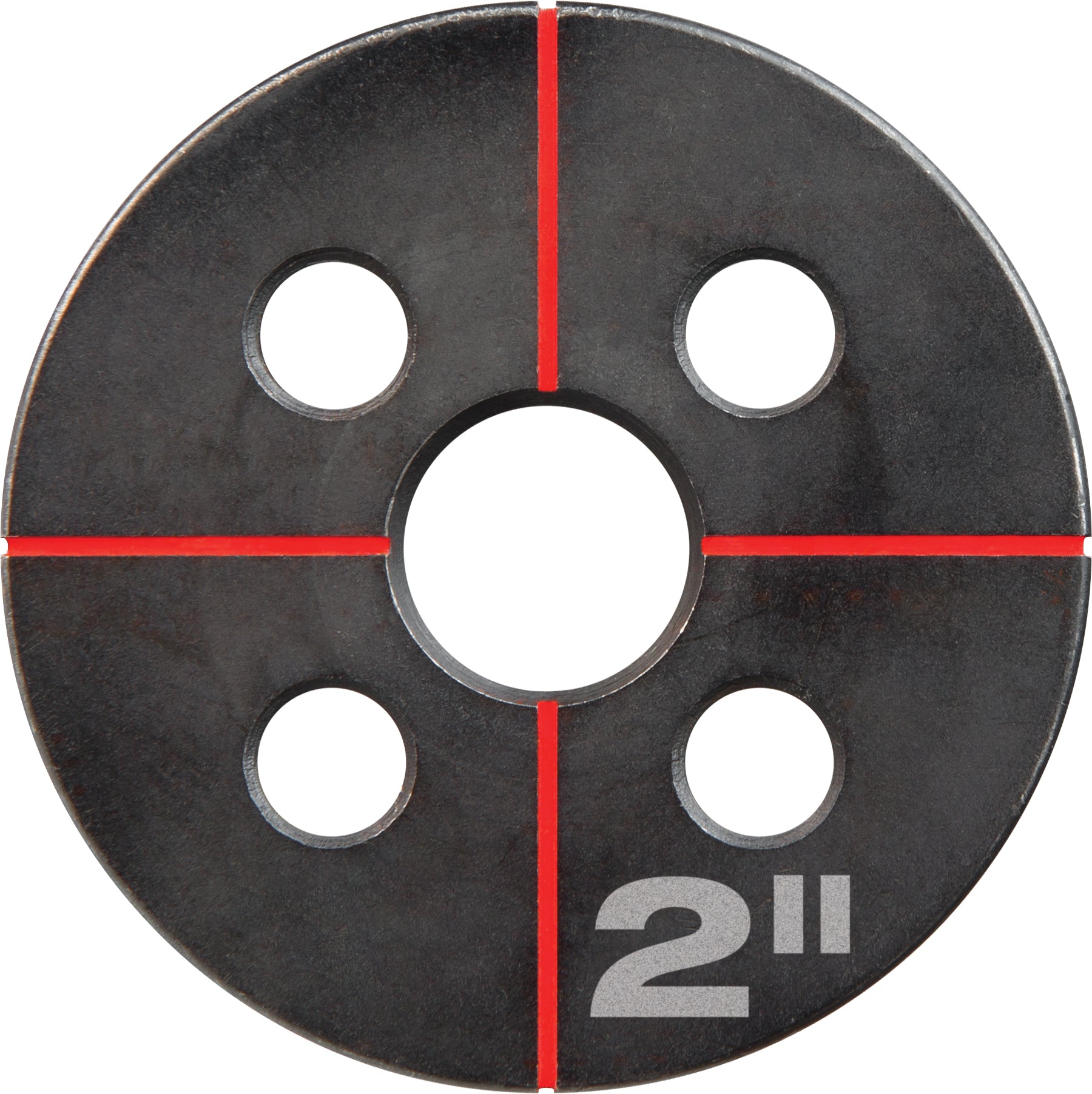 Round metal die with one central hole and four surrounding holes, marked "2 II" with red alignment lines.