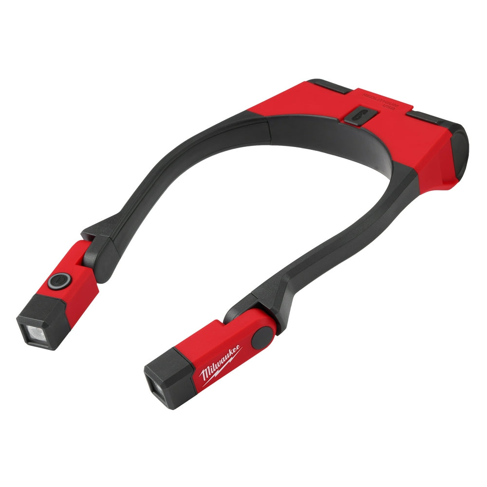 Red and black Milwaukee neck light with dual LED heads and adjustable black strap for hands-free wear.