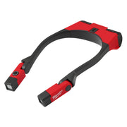 Red and black Milwaukee neck light with dual LED heads and adjustable black strap for hands-free wear.