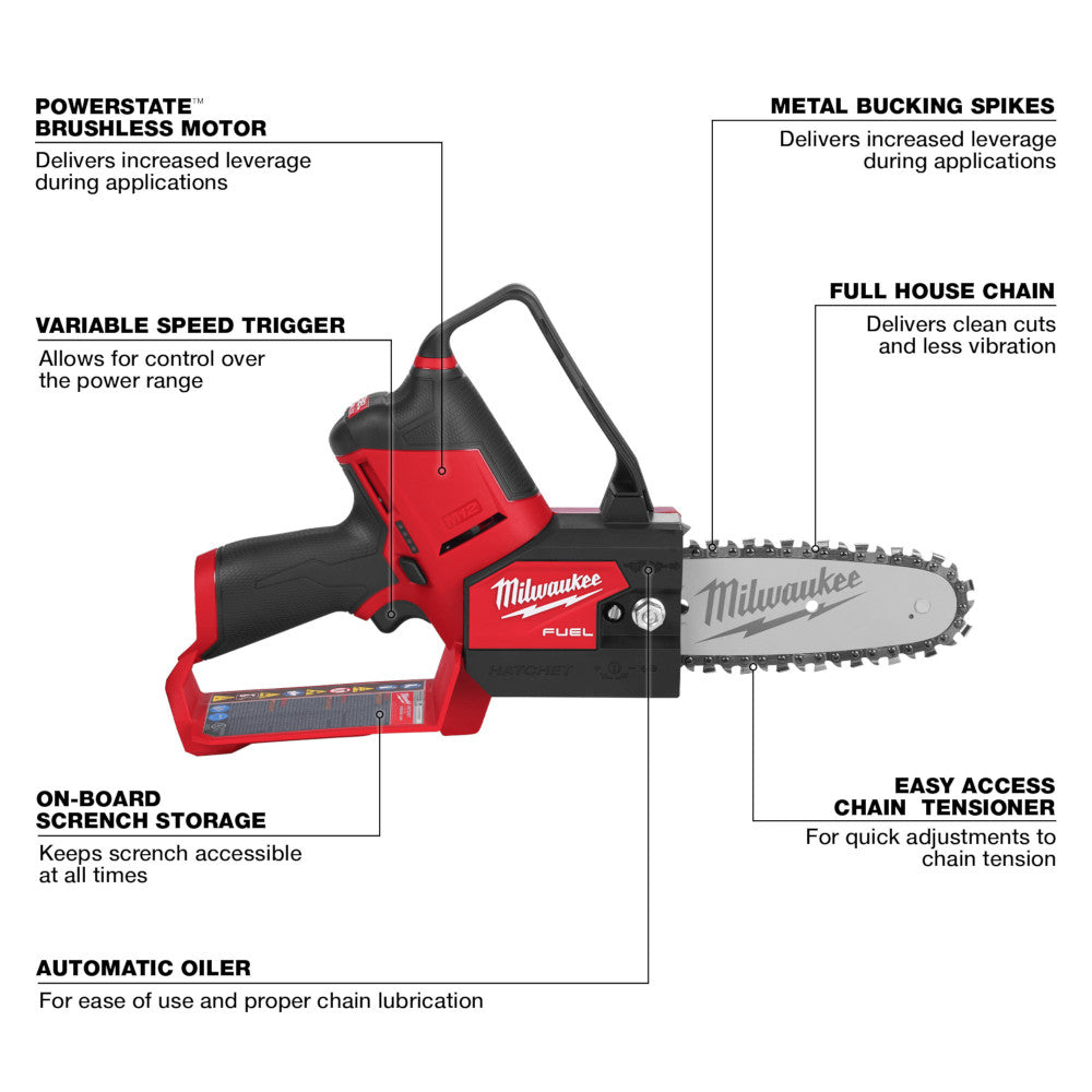 Milwaukee M12 FUEL red and black cordless pruning saw with 6-inch chain bar, shown with feature callouts.