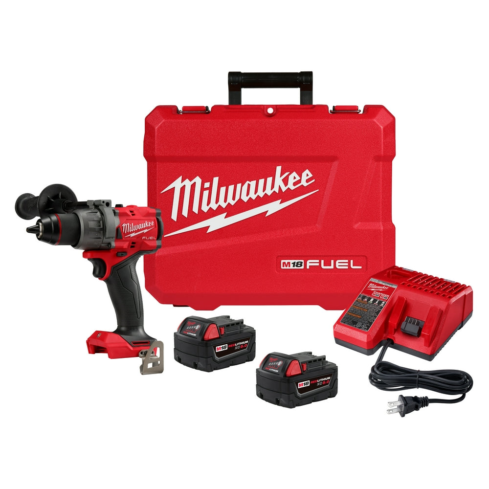 Milwaukee M18 FUEL hammer drill/driver kit with red case, drill, two batteries, charger, and power cord.