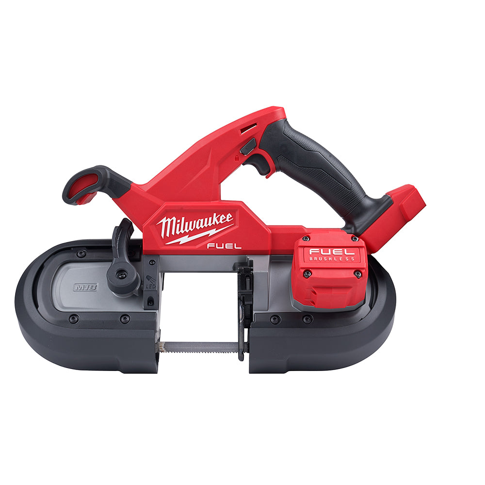 Red and black Milwaukee M18 FUEL compact band saw with dual-trigger handles and metal cutting blade.