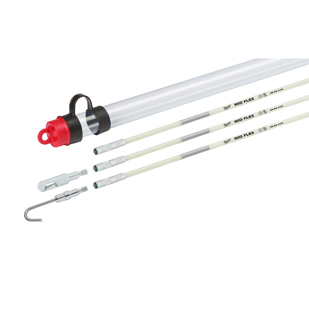 Milwaukee fish stick kit with white and cream-colored flexible rods, red and black guide head, and metal hook attachment.