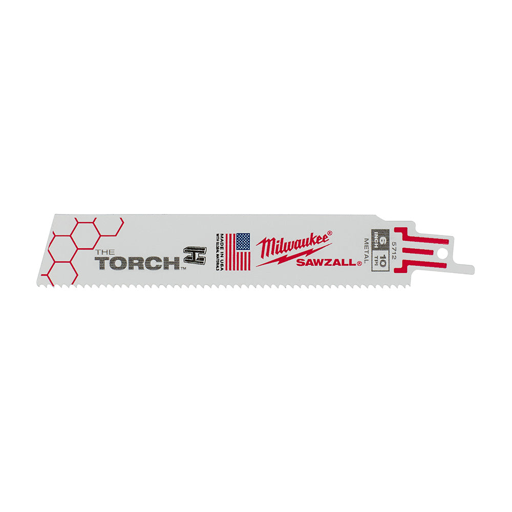 Milwaukee 6 inch Torch Sawzall blade with 10 TPI teeth and red honeycomb design on gray backing.