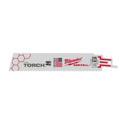 Milwaukee 6 inch Torch Sawzall blade with 10 TPI teeth and red honeycomb design on gray backing.