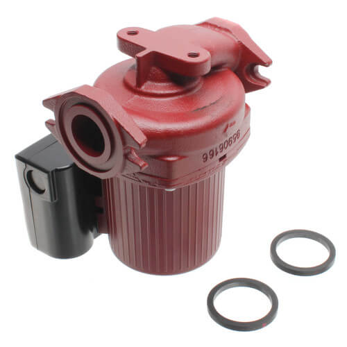 Red cast iron circulator pump with black motor housing and two rubber gasket rings displayed separately.