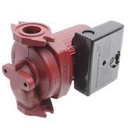 Red cast iron circulator pump with black motor control box attached to the side.