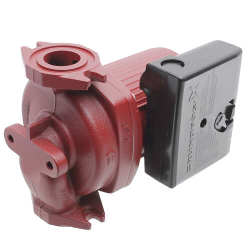 Red cast iron circulator pump with black motor control box attached to the side.