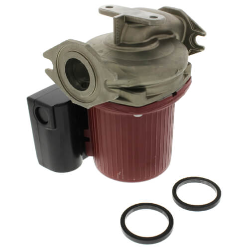 Grundfos stainless steel circulator pump with burgundy housing, black motor connector, and two rubber gaskets.