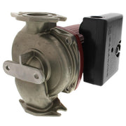 Stainless steel circulator pump with red and black motor unit attached to side.